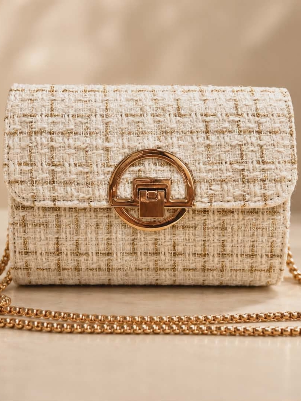 Elegant Cream Tweed Crossbody Bag with Gold Hardware